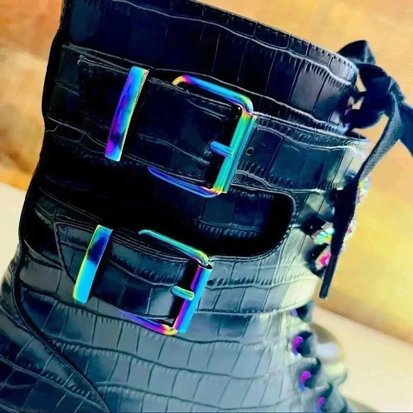 RARE NWT Kurt Geiger London Stoop Rainbow Crystal Oil Spill Leather Combat Boots - Picture 6 of 15
